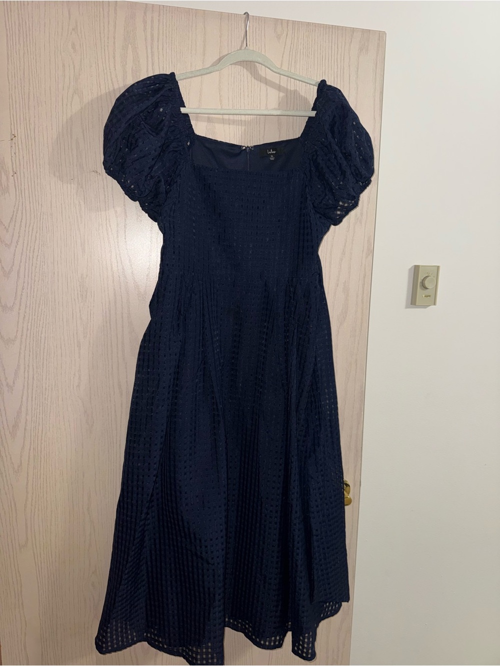 Lulu's Navy Puff-Sleeve Eyelet Midi Dress